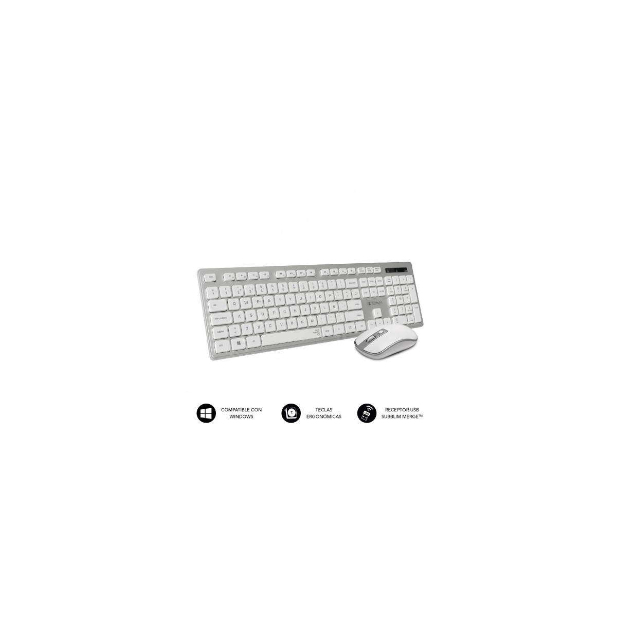 SUBBLIM Teclado Ergonomico y raton inalambricos Plano Silencioso Plateado Blanco Ergo