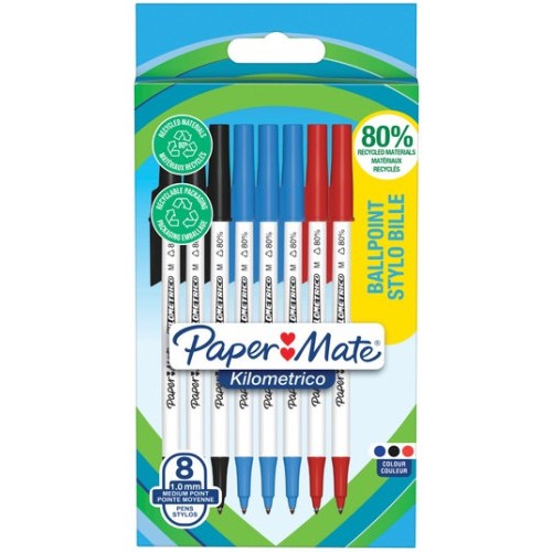 14819-BLISTER 8 BOLIGRAFOS PAPER MATE KILOMETRICO PUNTA MEDIANA (1,0MM) TINTA NEGRA, AZUL Y ROJA 80% RECICLADO PAPER MAT