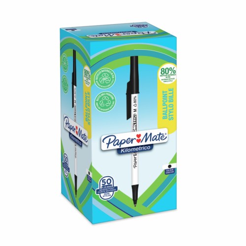 14820-CAJA 50 BOLIGRAFOS PAPER MATE KILOMETRICO PUNTA MEDIANA (1,0MM) TINTA NEGRA 80% PLASTICO RECICLADO PAPER MATE 2187
