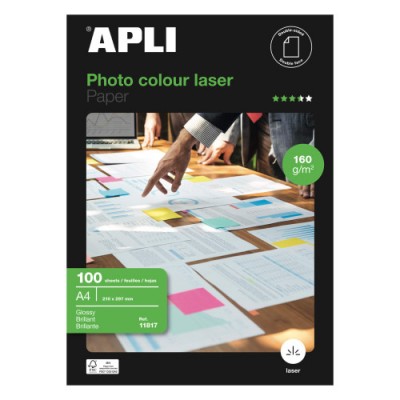 PAQUETE 100 HOJAS PAPEL FOTO COLOUR LASER A4 160G APLI 11817