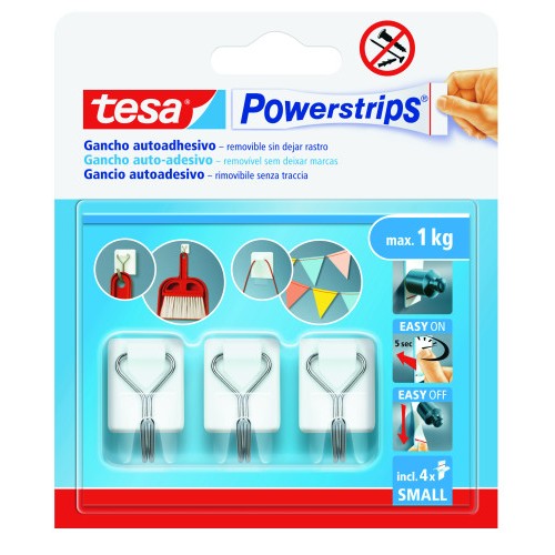 20035-BLISTER 3 GANCHOS ADHESIVOS ALAMBRE POWERSTRIPS 1KG TAMANO S BLANCO TESA 57615-00001-00