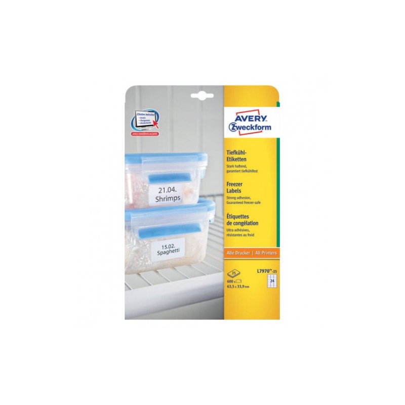 2268-PAQUETE 25 HOJAS ETIQUETAS PARA EL CONGELADOR-IMPRESORAS LASER, INYECCION DE TINTA Y FOTOCOPIADORAS-63,5 X 33,9 MM