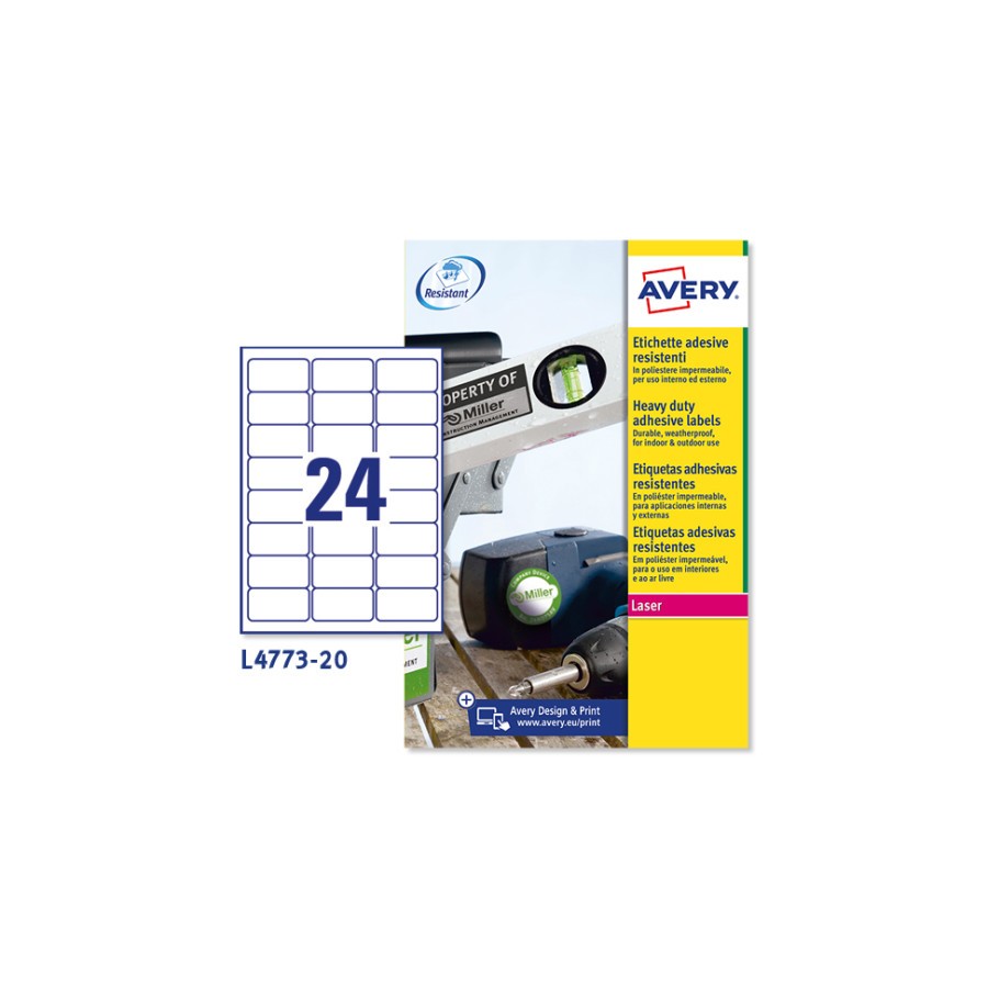 2300-PAQUETE 20 HOJAS ETIQUETAS DE POLIESTER BLANCO-IMPRESORAS LASER-63,5X33,9 MM AVERY L4773-20