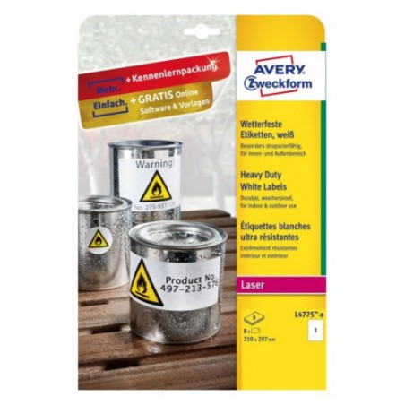 2305-PAQUETE 8 HOJAS ETIQUETAS DE POLIESTER BLANCO-IMPRESORAS LASER-210X297 MM AVERY L4775-8