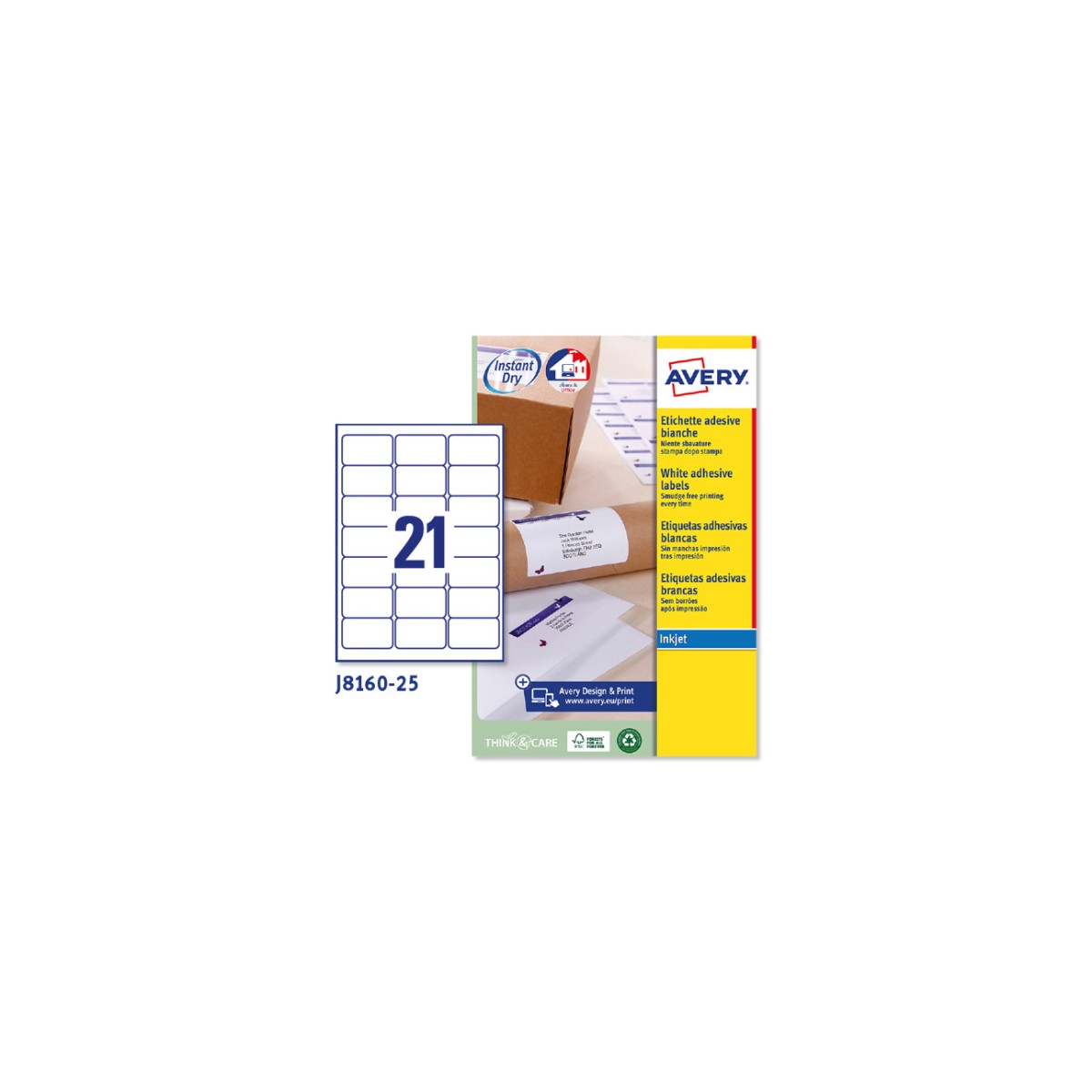 PAQUETE 25 HOJAS ETIQUETAS BLANCAS QUICK DRY IMPRESORAS DE INYECCIoN DE TINTA 635X381 MM AVERY J8160 25