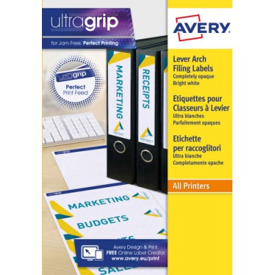 PAQUETE 25 HOJAS ETIQUETAS BLANCAS PARA ARCHIVADORES CON DORSO FINO IMPRESORAS LaSER 192X38 MM AVERY L4760 25