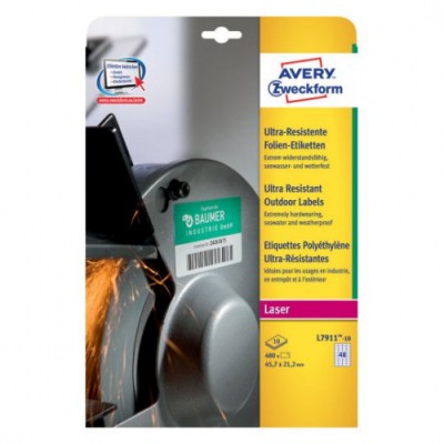 PAQUETE 10 HOJAS ETIQUETAS MUY RESISTENTES DE POLIETILENO FLEXIBLE 457 X 212 MM AVERY L7911 10