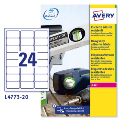 PAQUETE 20 HOJAS ETIQUETAS DE POLIeSTER BLANCO IMPRESORAS LaSER 635X339 MM AVERY L4773 20