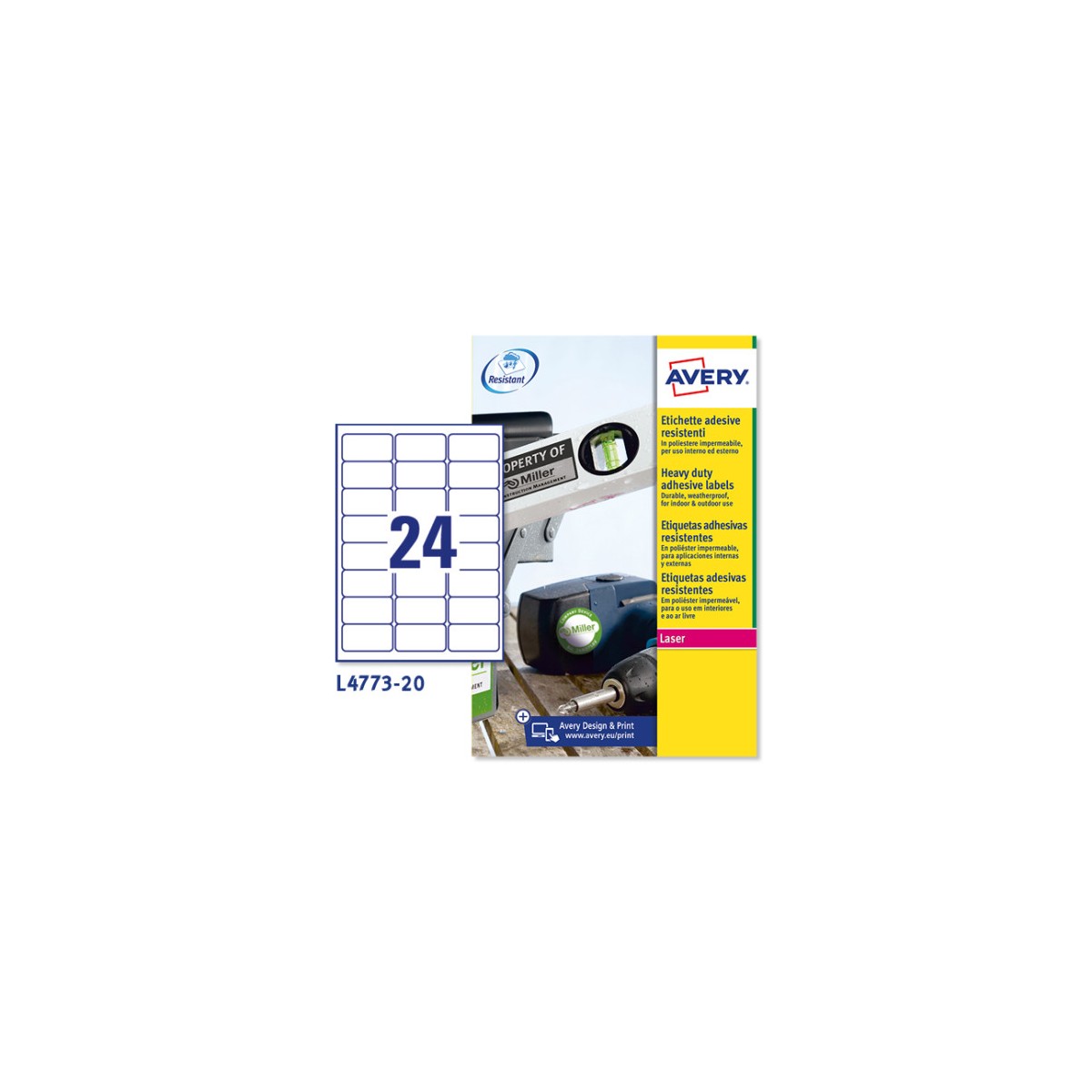 PAQUETE 20 HOJAS ETIQUETAS DE POLIeSTER BLANCO IMPRESORAS LaSER 635X339 MM AVERY L4773 20