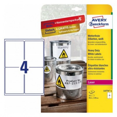 PAQUETE 8 HOJAS ETIQUETAS DE POLIeSTER BLANCO PARA IMPRESORAS LaSER 991X139 MM AVERY L4774 8