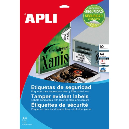 32321-PAQUETE 10 HOJAS A4 ETIQUETAS DE SEGURIDAD POLIESTER PLATA 45,7 X 21,2MM APLI 11272