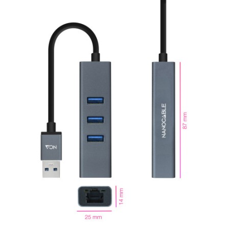 32838-Nanocable Conversor USB 3.0 a Ethernet Gigabit + 3XUSB 3.0, Aluminio, Gris, 15 cm