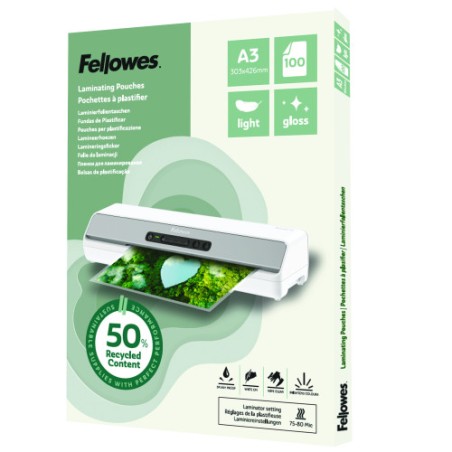 33555-PACK 100 FUNDAS DE PLASTIFICAR RECICLADAS BRILLO A3 FELLOWES 100142988