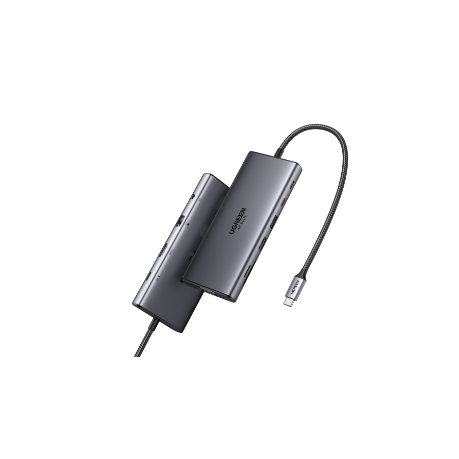 34554-Ugreen 11-in-1 USB-C Hub to 3x USB-C/2x USB-A/HDMI/VGA/RJ45/SD/TF/3.5mm - Gray Acoplamiento Base Gris