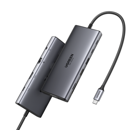 34554-Ugreen 11-in-1 USB-C Hub to 3x USB-C/2x USB-A/HDMI/VGA/RJ45/SD/TF/3.5mm - Gray Acoplamiento Base Gris