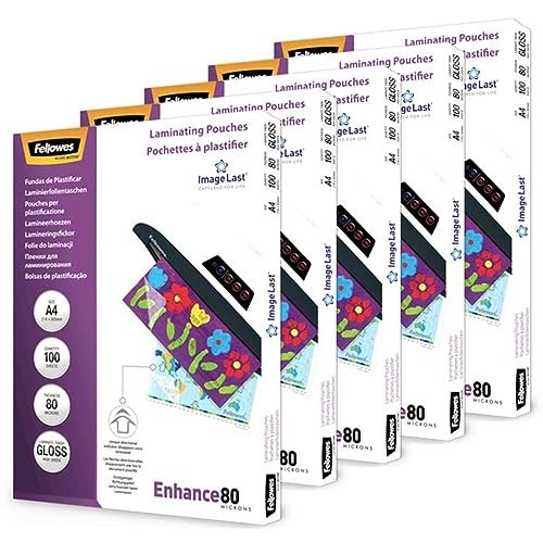 34803-PACK 500 FUNDAS PLASTIFICAR 80 MICRAS BRILLO A4 (216X303 MM) FELLOWES 100142462