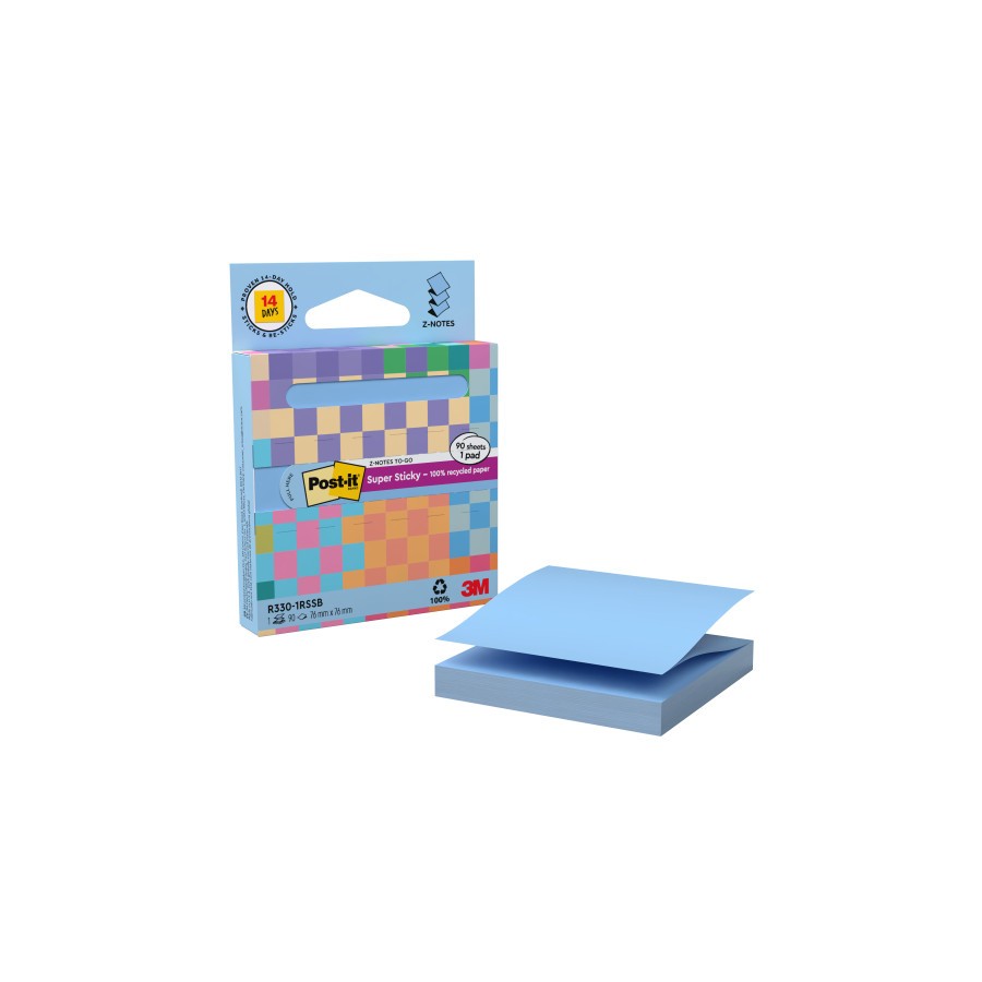 35121-DISPENSADOR DE CARTON 90 HOJAS Z-NOTES RECICLADO SUPER STICKY 76X76 MM AZUL LAVADO R330-1RSSB POST-IT 7100399315
