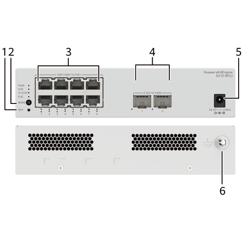 38437-HUAWEI S210-8P2J (8*10/100/1000BASE-T PORTS (128W POE+), 2*2.5GE SFP PORTS, WITH 1*220 V AC POWER ADAPTER, FANLESS