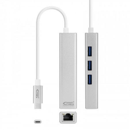 39317-Nanocable Conversor USB-C a Ethernet Gigabit + 3xUSB 3.0, Plata, 15 cm