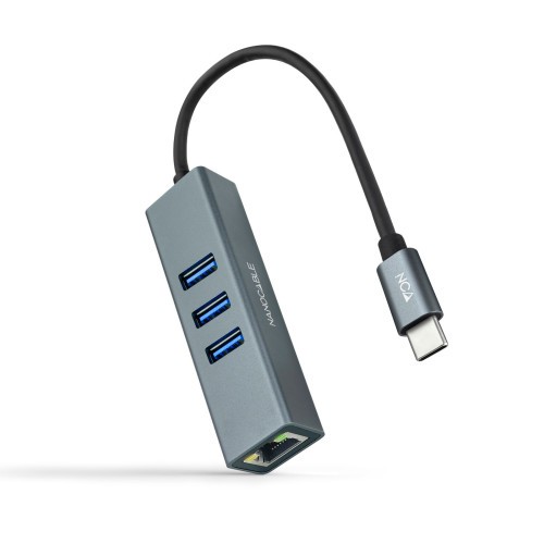 39431-Nanocable Conversor USB-C a Ethernet Gigabit + 3XUSB 3.0, Aluminio, Gris, 15 cm