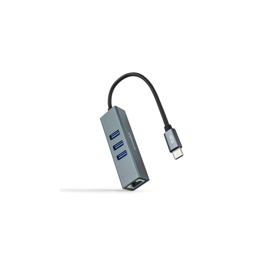 39431-Nanocable Conversor USB-C a Ethernet Gigabit + 3XUSB 3.0, Aluminio, Gris, 15 cm