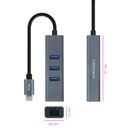 39432-Nanocable Conversor USB-C a Ethernet Gigabit + 3XUSB 3.0, Aluminio, Gris, 15 cm