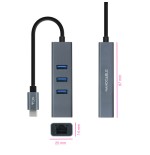 39432-Nanocable Conversor USB-C a Ethernet Gigabit + 3XUSB 3.0, Aluminio, Gris, 15 cm