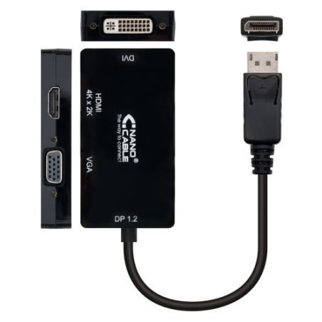 39512-Nanocable Conversor Displayport a VGA / HDMI, 3 en 1, DP 1.2/M-VGA/H-HDMI/H 4K, Negro, 15 cm