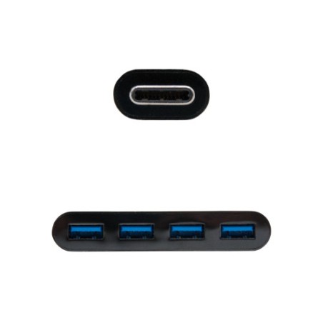 39516-Nanocable Adaptador USB-C a 4xUSB 3.0. USB-C/M-USB 3.0/H, Negro, 10 cm