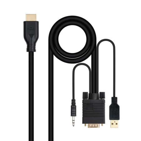 39627-Nanocable Conversor unidireccional VGA/M + AUDIO/M + USB-A/M (para alimentacion) a HDMI/M, Negro, 1.8m
