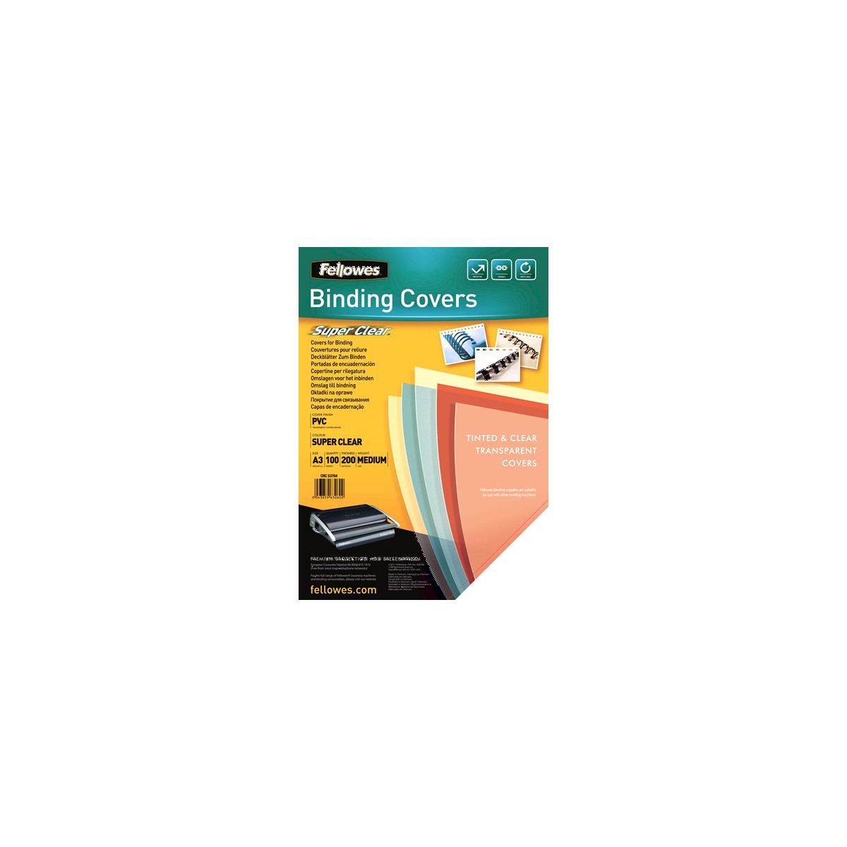 PACK 100 PORTADAS PVC TRANSPARENTE A3 200 MICRAS CRISTAL FELLOWES 53764