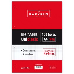 5403-RECAMBIO PAQUETE 100 HOJAS A4 UNICLASIC 90 GR. 4X4 CON MARGEN PAPYRUS 53391000