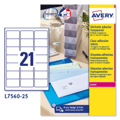 PAQUETE 25 HOJAS ETIQUETAS TRANSPARENTES QUICKPEEL IMPRESORAS LaSER 635X381 MM AVERY L7560 25