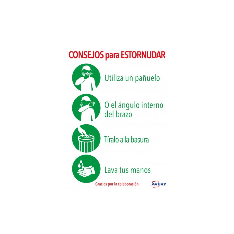 5625-SENALES ADHESIVOS PREIMPRESO  "CONSEJO PARA ESTORNUDAR" SOBRE DE 2 HOJAS EN A4 AVERY AV_KITCOVID5_ES