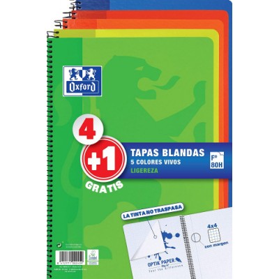 PACK 41 CUADERNO ESPIRAL TAPA BLANDA FOLIO 80 HOJAS 4X4 CON MARGEN COLORES VIVOS OXFORD 400027271