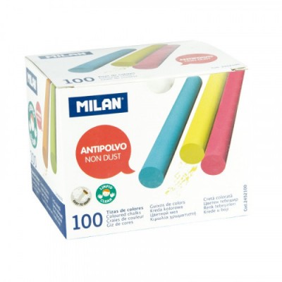 CAJA 100 TIZAS DE CARBONATO DE CALCIO DE COLORES REDONDAS ANTIPOLVO MILAN 2452100