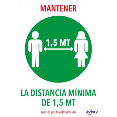 SENALES ADHESIVOS PREIMPRESO MANTENER DISNTACIA MINIMA DE 15 MT SOBRE DE 2 HOJAS EN A4 AVERY AVKITCOVID4ES