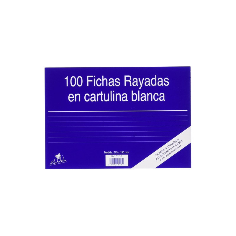 6942-100 FICHAS DE CARTULINA RAYADA (215X160 MM) No. 5 MARIOLA 3115R 6942-100 FICHAS DE CARTULINA RAYADA (215X160 MM) No. 5 MARIOLA 3115R