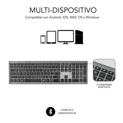 SUBBLIM Teclado Completo delgado inalambrico Bluetooth Pure Extended Grey