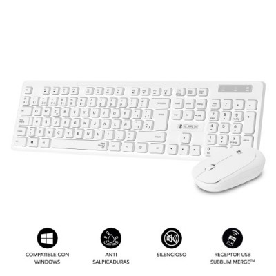 SUBBLIM Teclado Ergonomico y raton Combo Business Slim Silencioso Inalambrico 24G Blanco